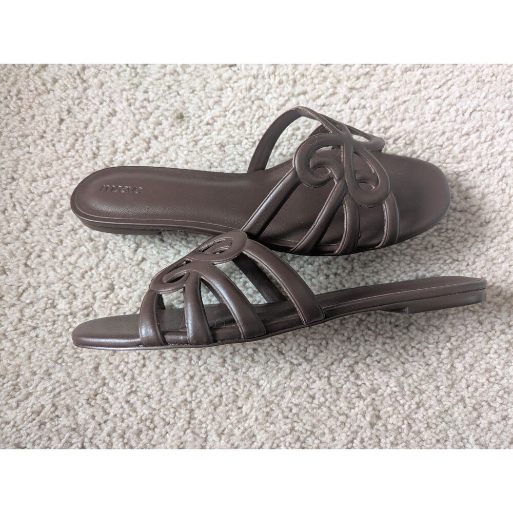 NIB Maeve Anthropologie Logo Dark Brown Leather Slide Sandals Sz 9 - Picture 4 of 10